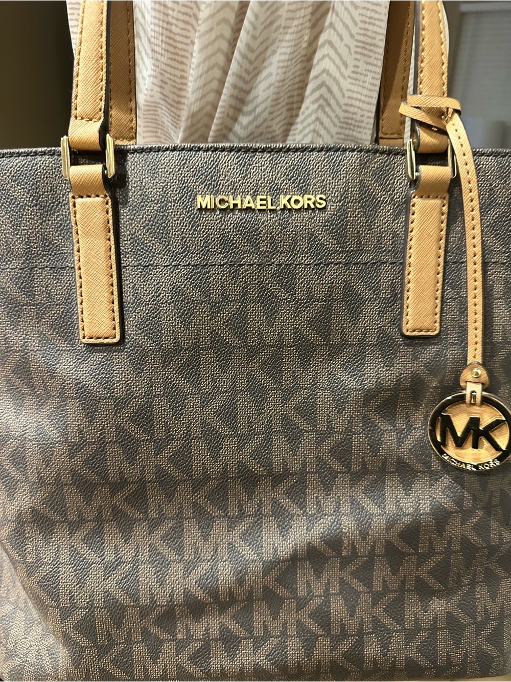 Michael Kors Brown MK Logo Tote with Tan Straps